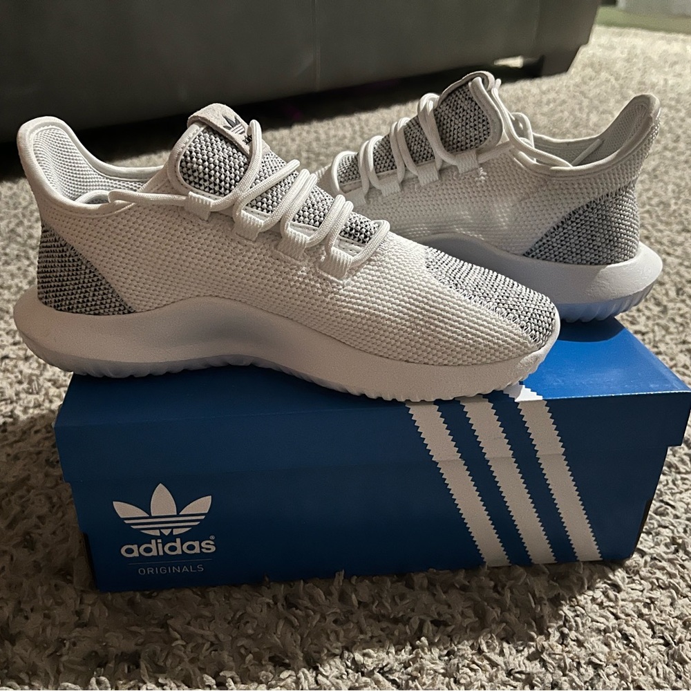Grey and white Adidas tubular shadow knit j size 5